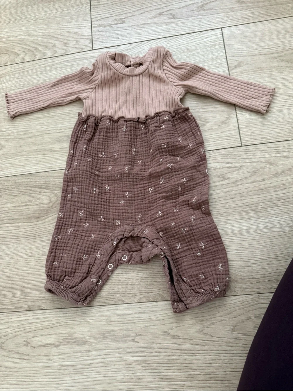 Brown Ribbed Top and Mauve Floral Muslin Baby One-Piece romper